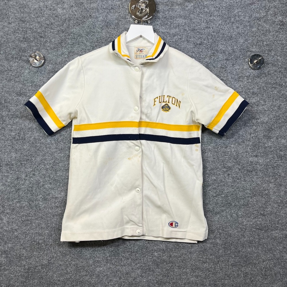VTG Champion Fulton Snap Warmup Shirt Men's White Yellow Striped Jersey - Medium